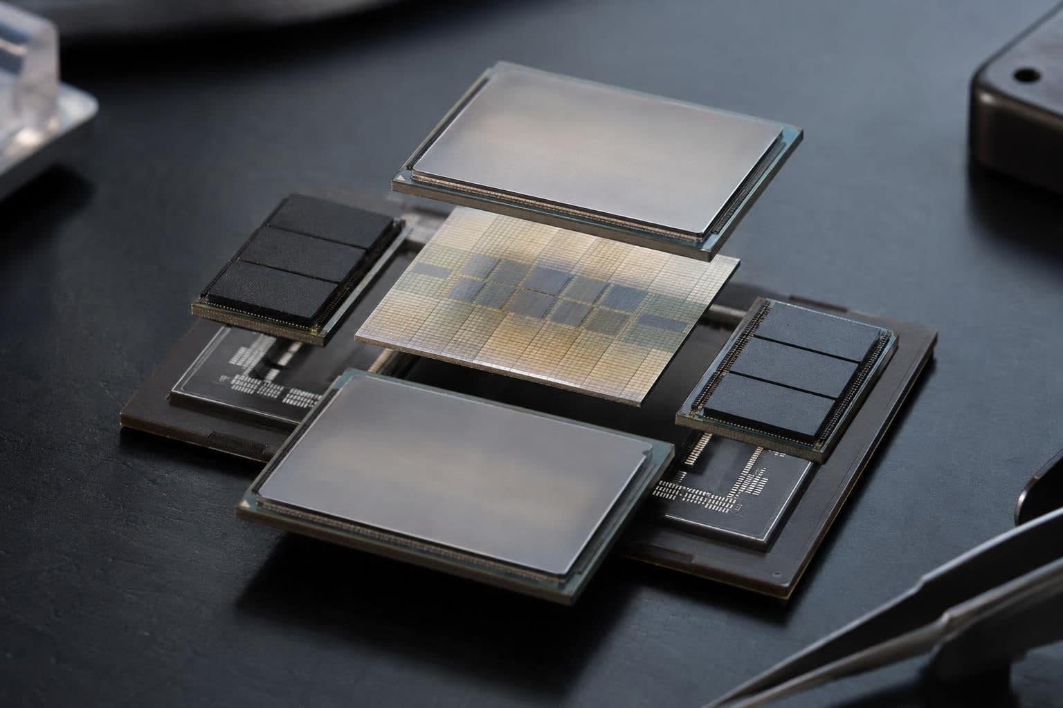 A silicon interposer forms the connecting layer between processor and memory components in a chip package.