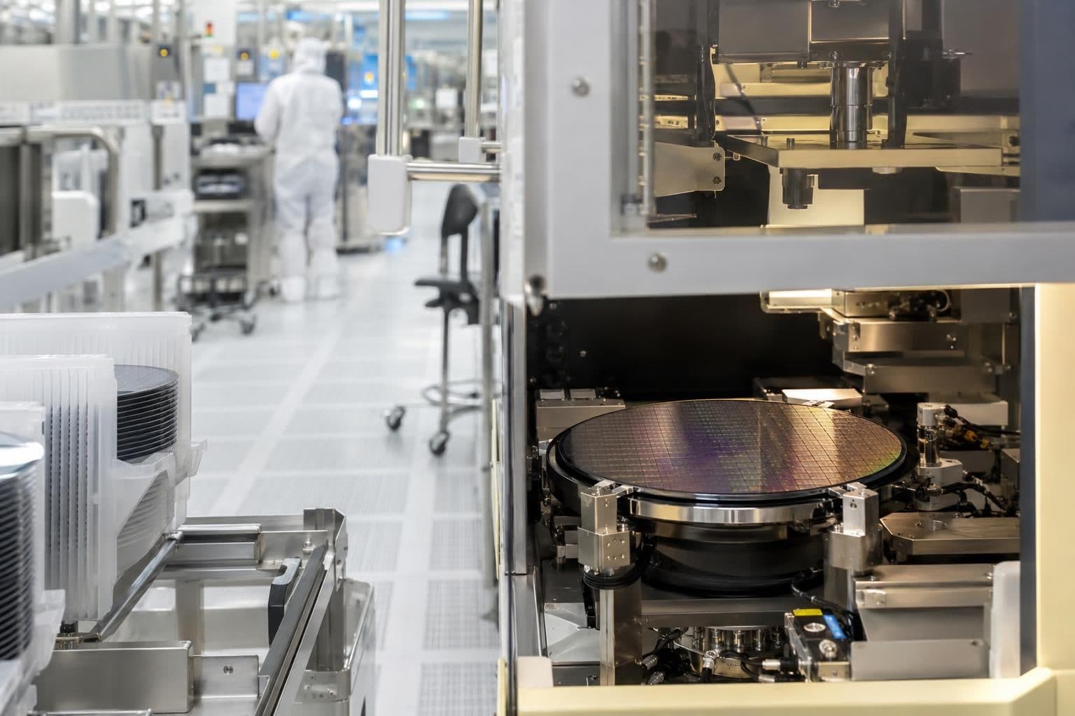 A silicon wafer at a station on a semiconductor fabrication line.