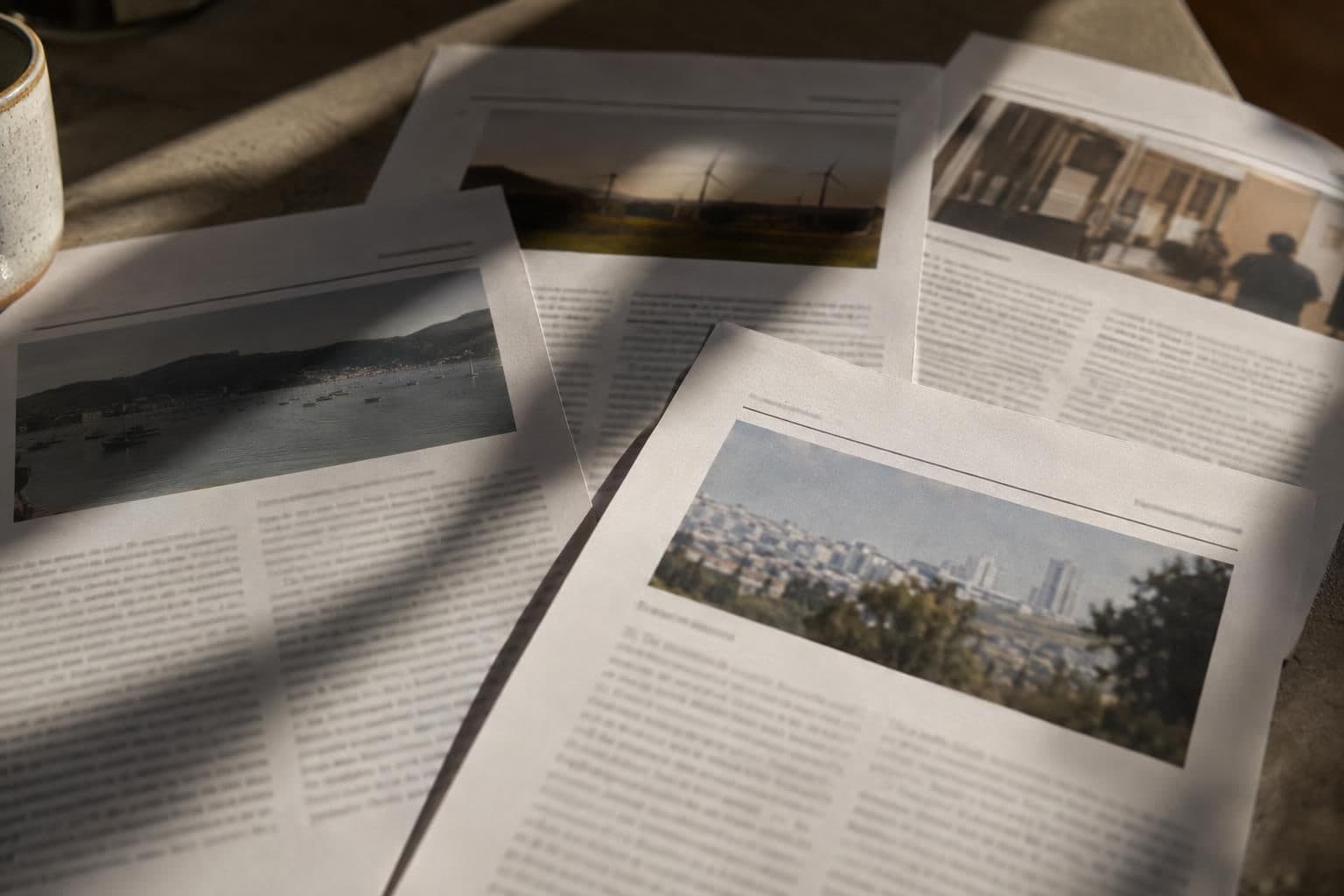 Several article pages overlap, with their bylines and body text blurred beyond recognition.