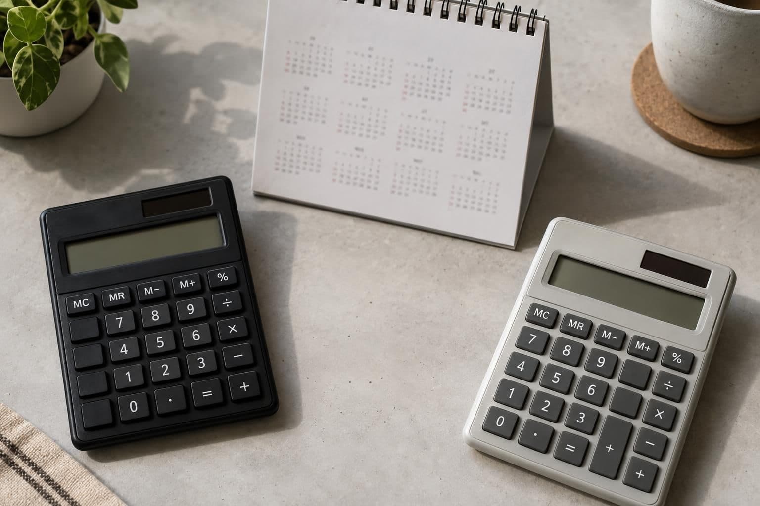 Two calculators beside a year-view calendar suggest annualized estimates calculated on different bases.