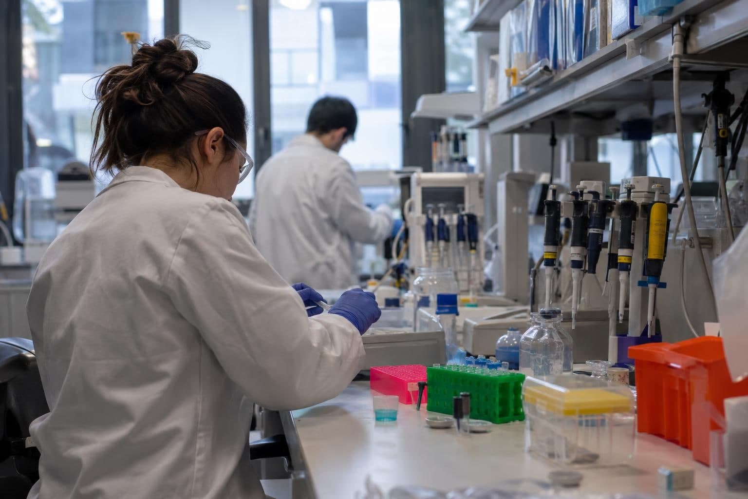 Researchers work together at an experimental setup in a scientific research setting.