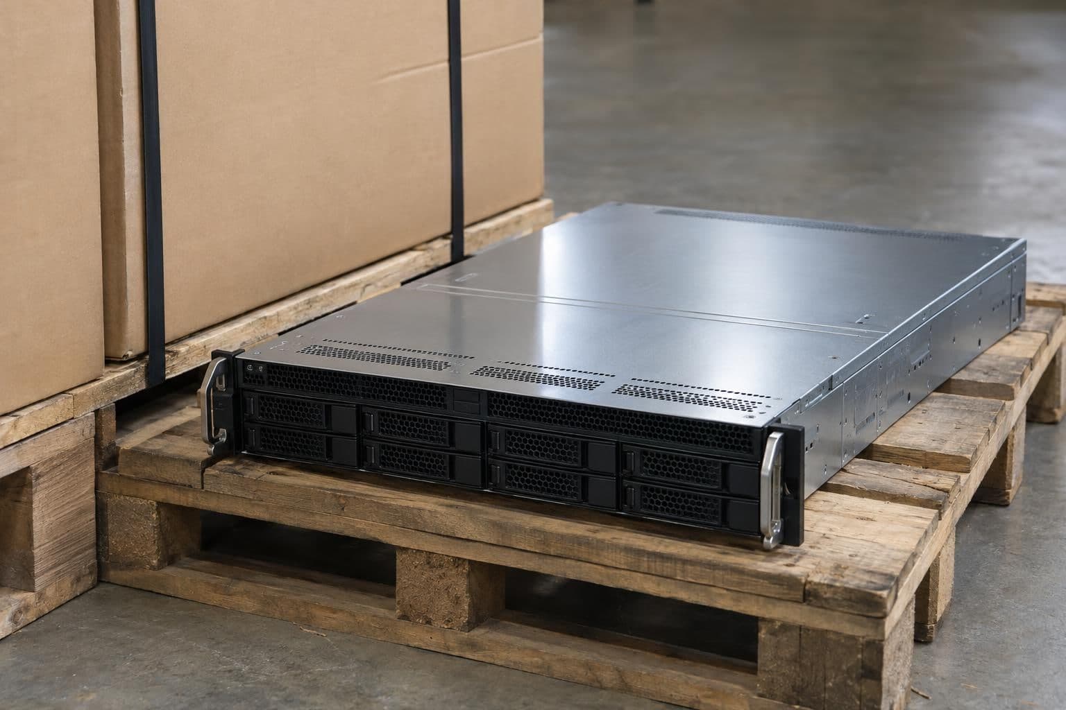 An unbranded server chassis sits beside plain protective transit packaging.