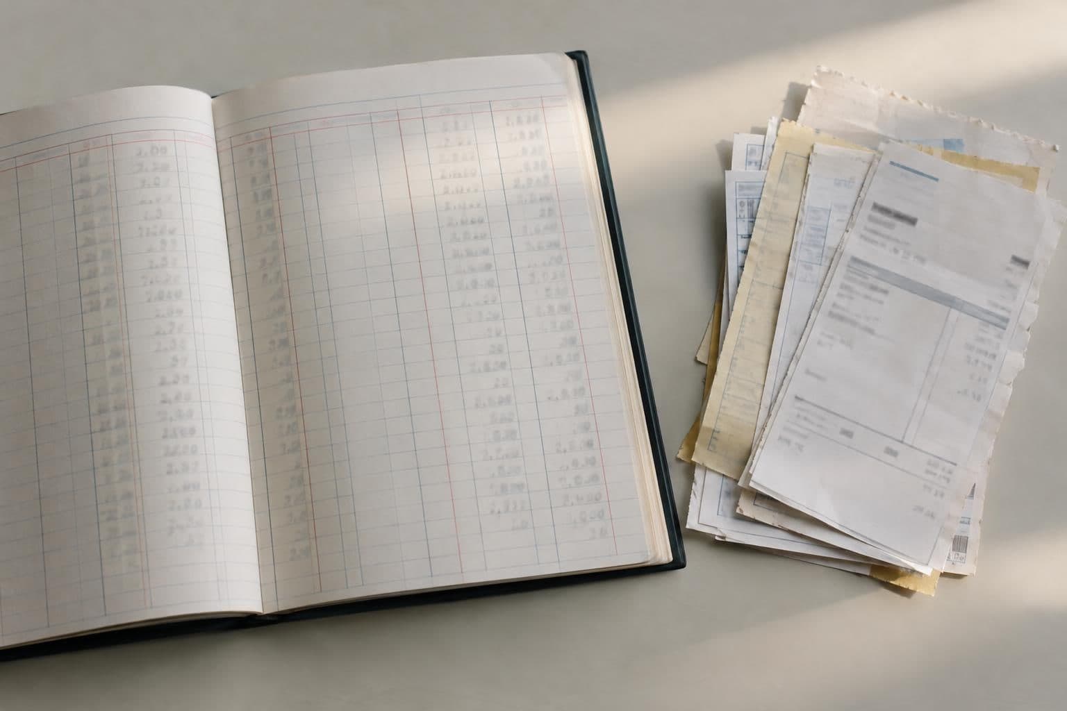 An open, unbranded sales ledger sits apart from partner-billing slips.