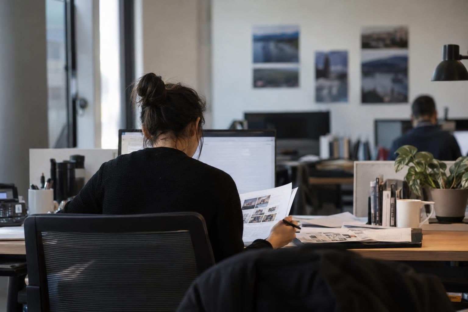 An office worker checks a multi-step business assignment for errors.