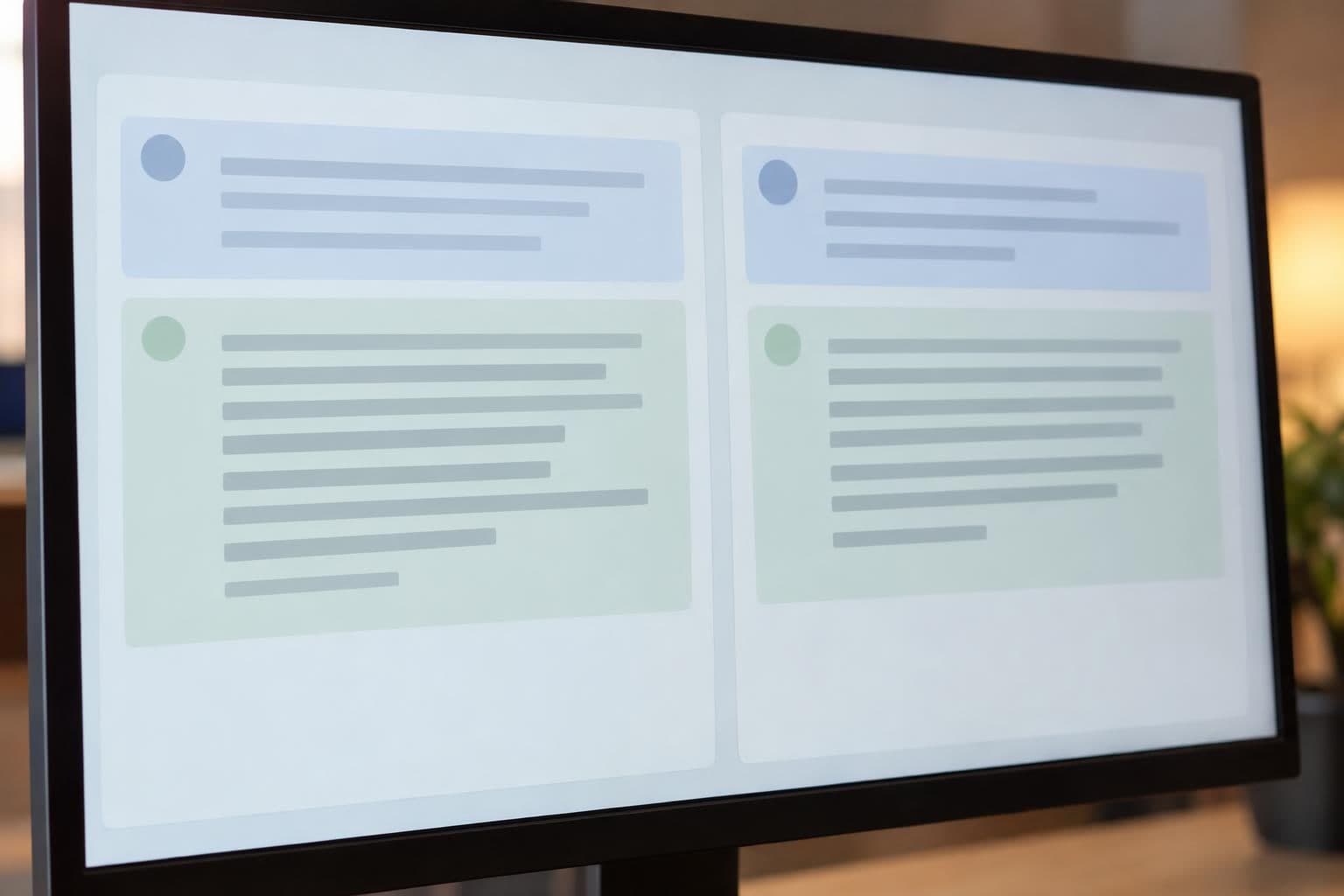 An unbranded screen shows two blurred prompt-and-response panels side by side.