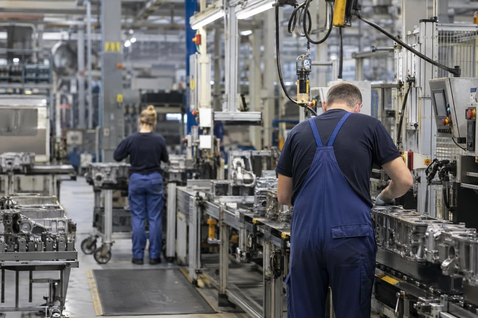 Factory workers carry out manufacturing tasks beside industrial machinery.
