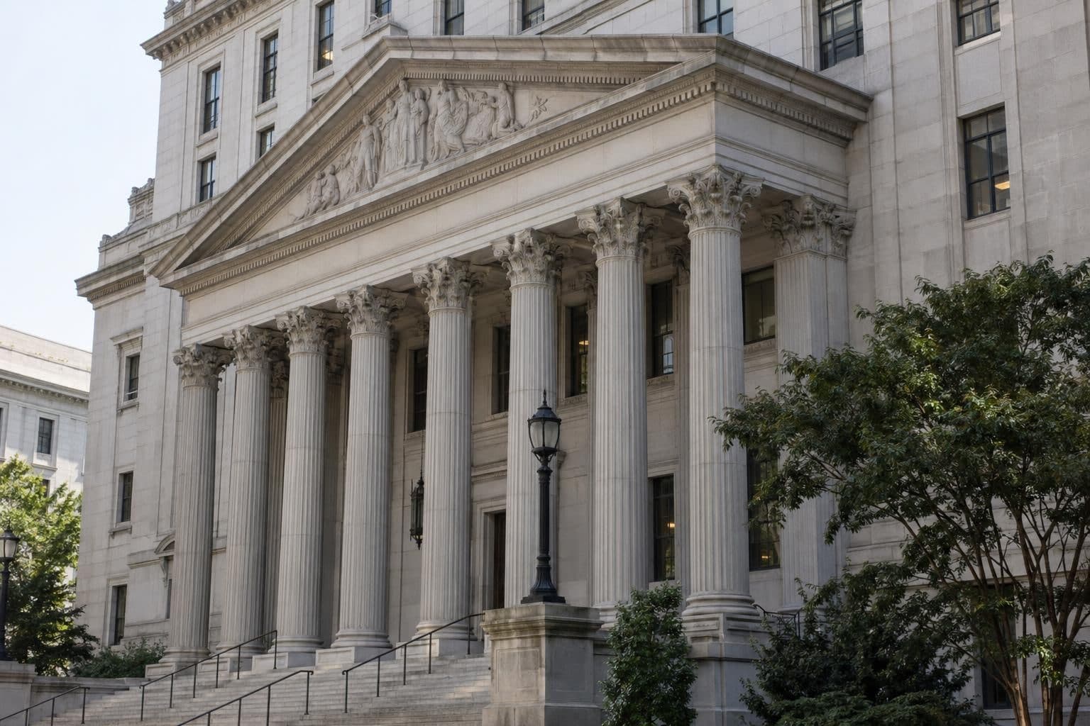 A generic federal courthouse exterior represents the sentencing in a bot-streaming royalty-fraud case.