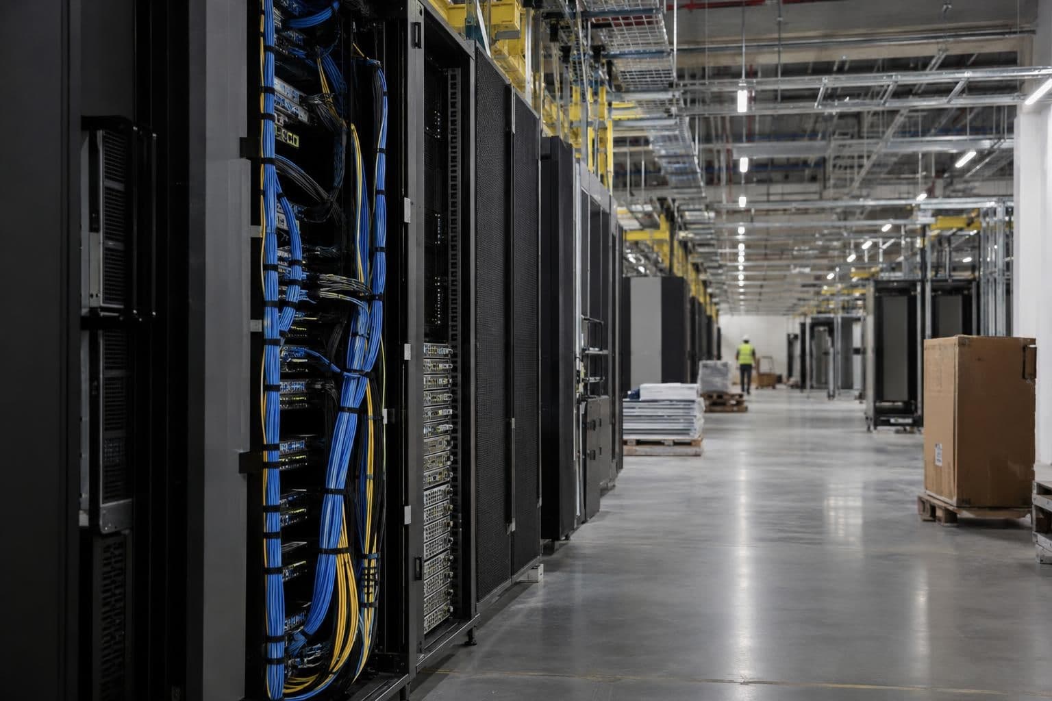 Network racks installed in a partially occupied data hall at Barber Lake