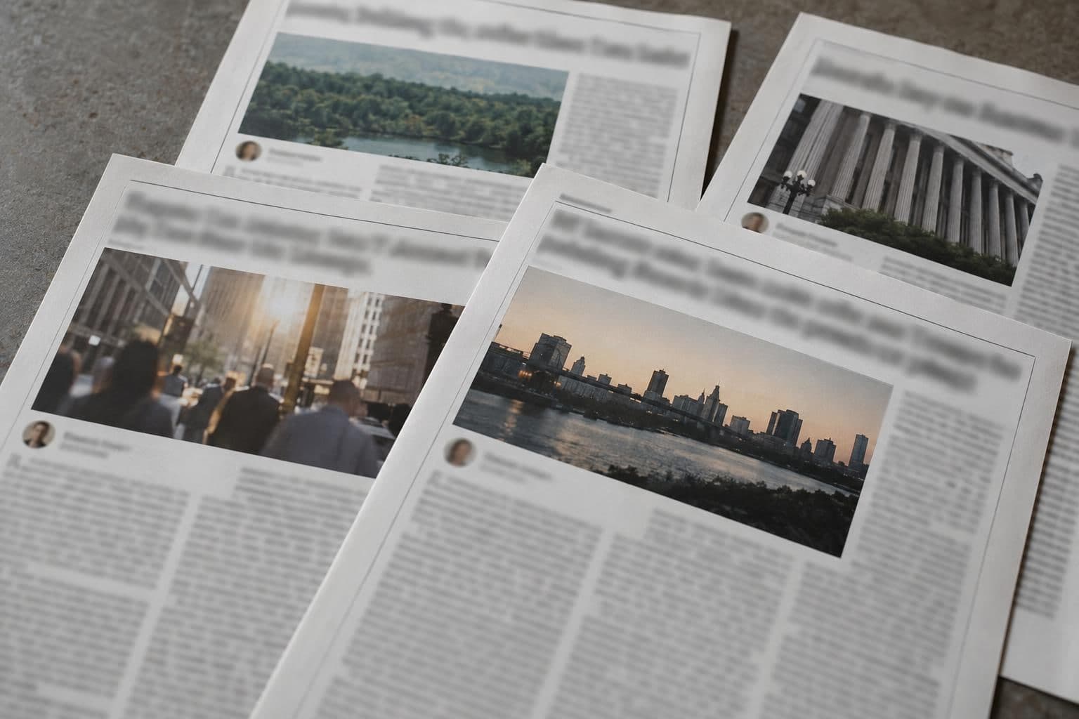 Overlapping unbranded news-article layouts with blurred byline strips and no mastheads or readable text.