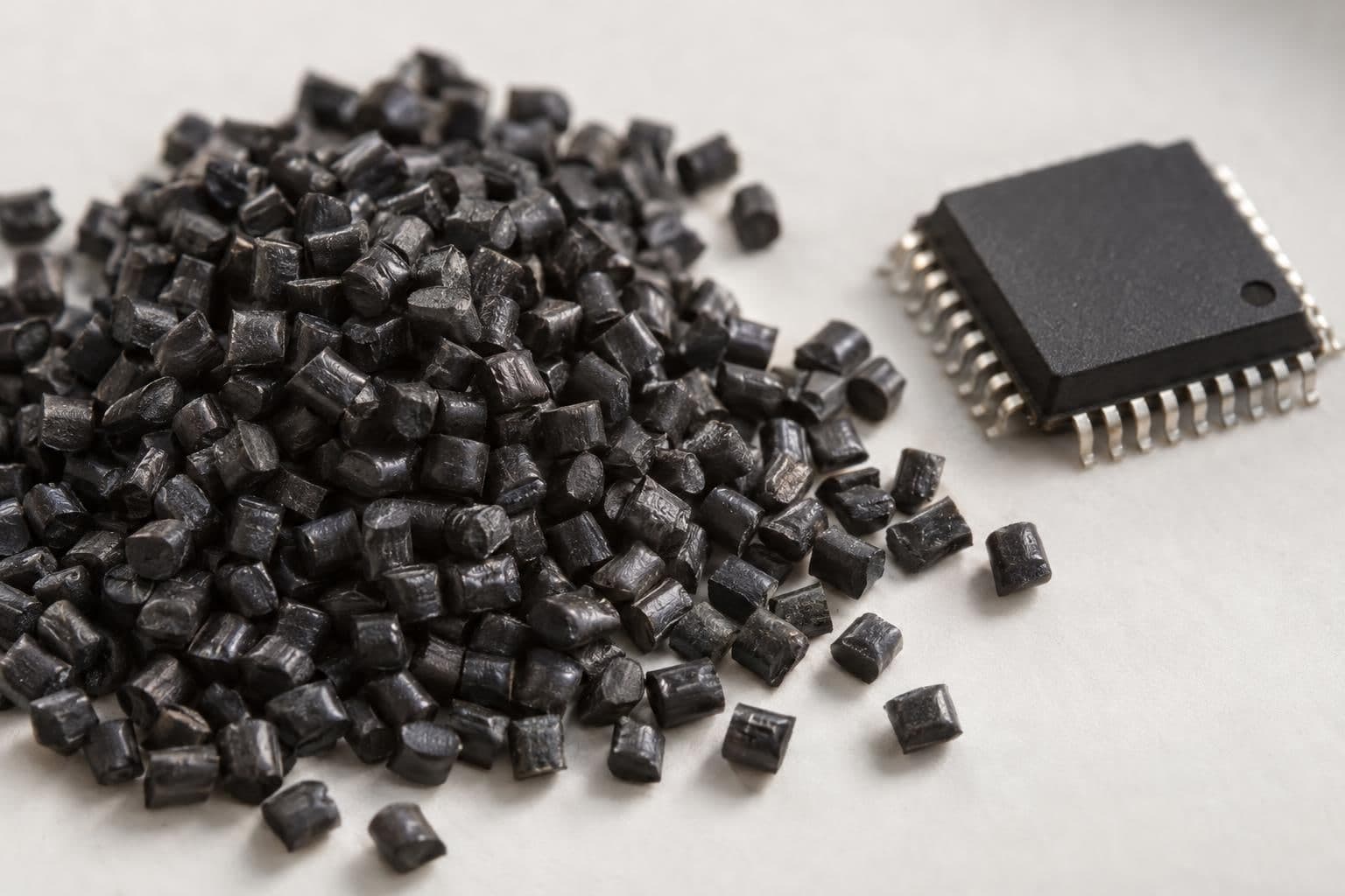 A sample of encapsulation granules sits beside a semiconductor package in a close-up still life.