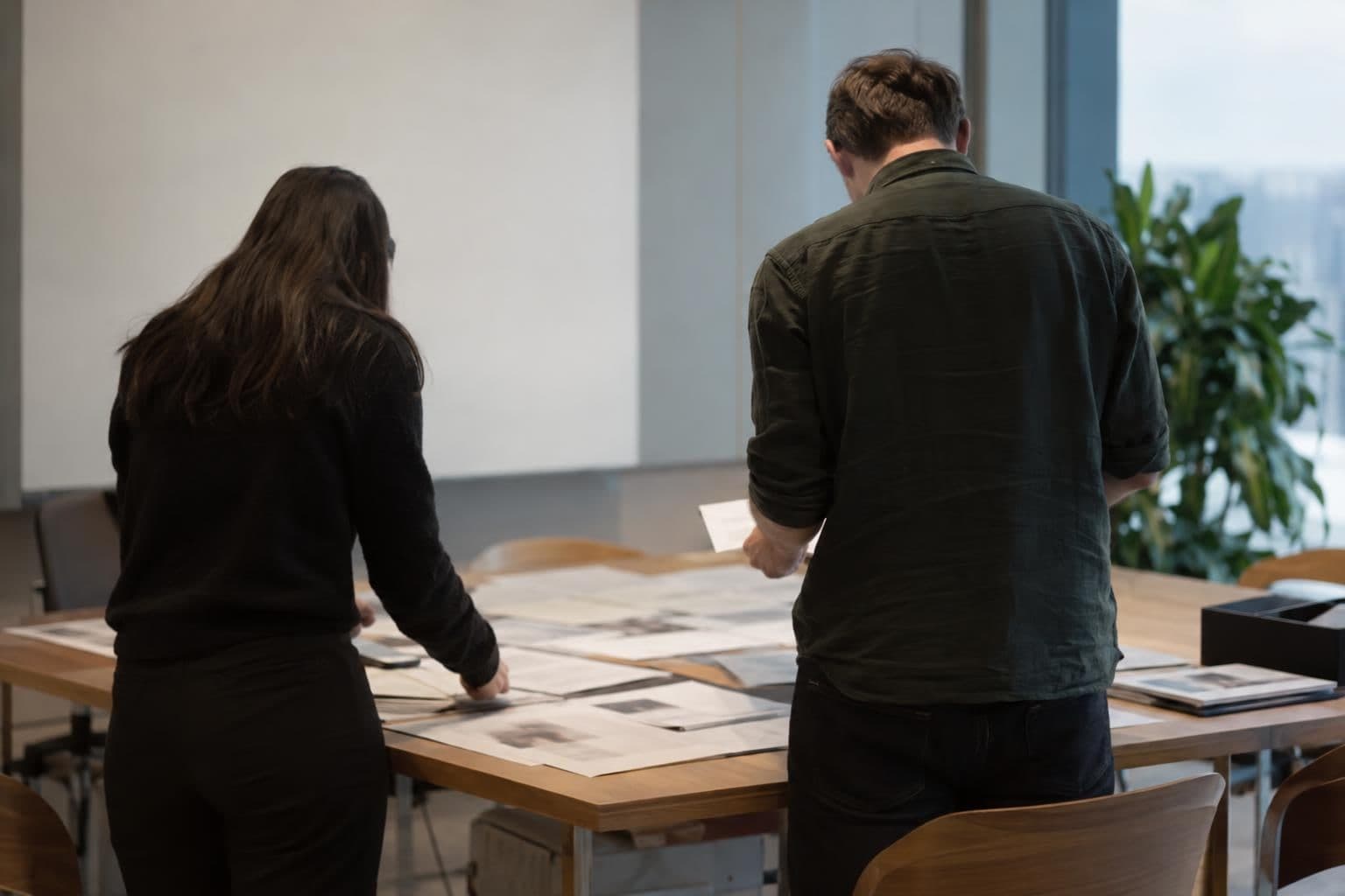 Researchers review incident records in a workroom, seen from behind with the material unreadable.