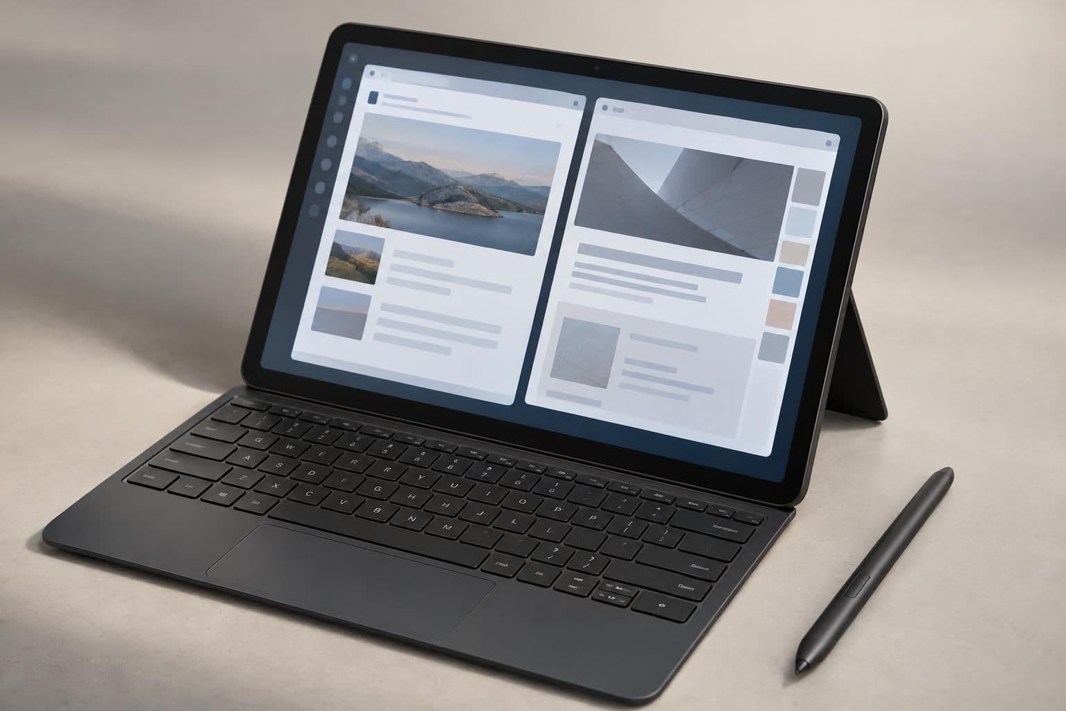 An Alexa Tablet 12 Pro with its keyboard attached, Pro Pen beside it and side-by-side screen panes.