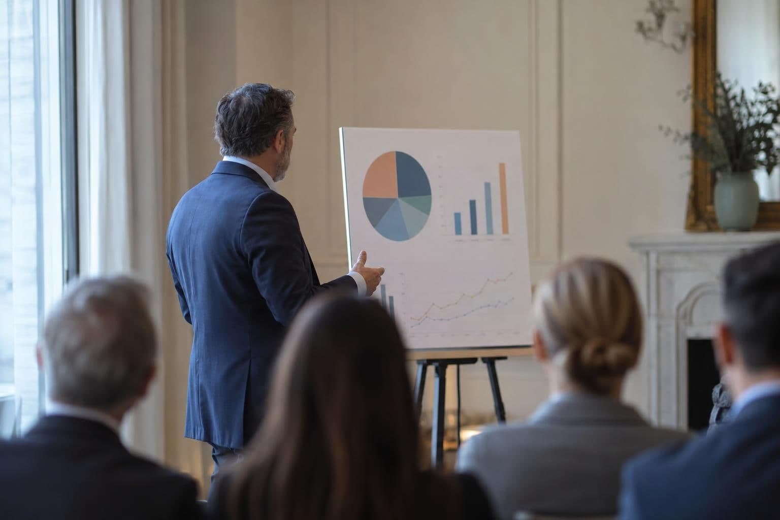 A wealth professional briefs investors on portfolio research.