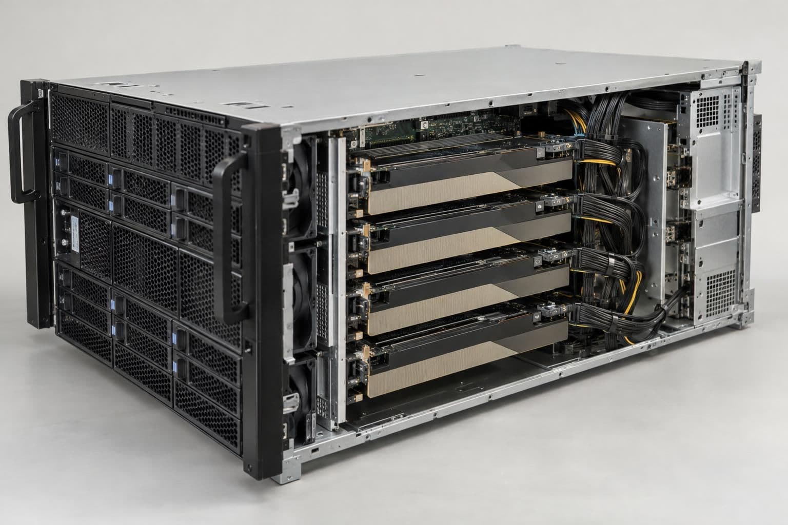 An unbranded server chassis with visible accelerator hardware represents the equipment in the alleged diversion.