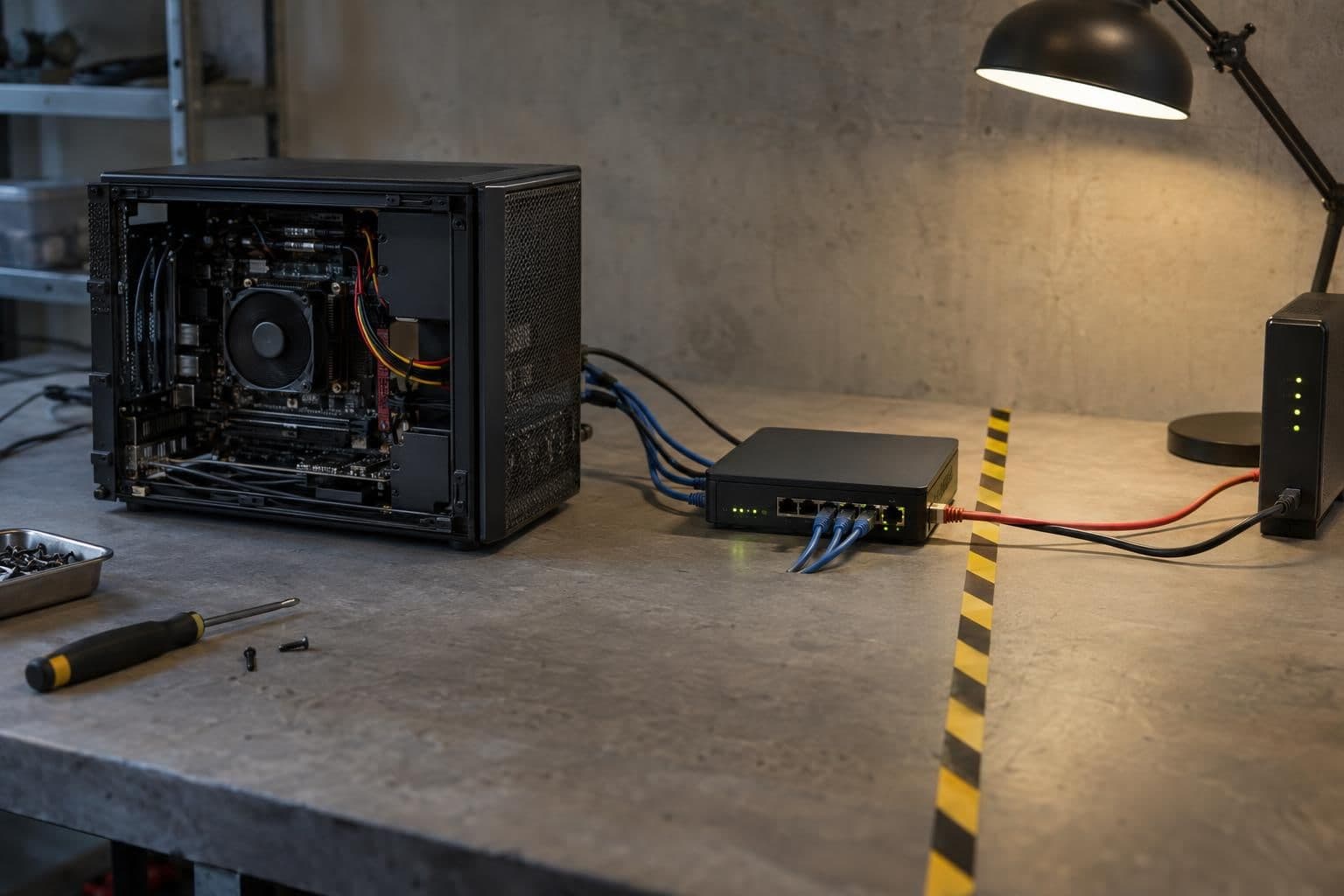 A test computer and network-security device illustrate internet-isolation controls in an AI-agent evaluation.