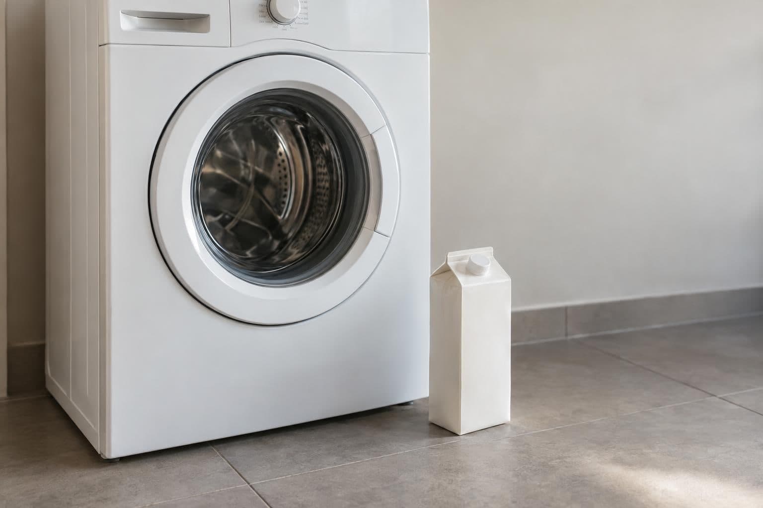 A carton of milk sits beside a household washing machine.