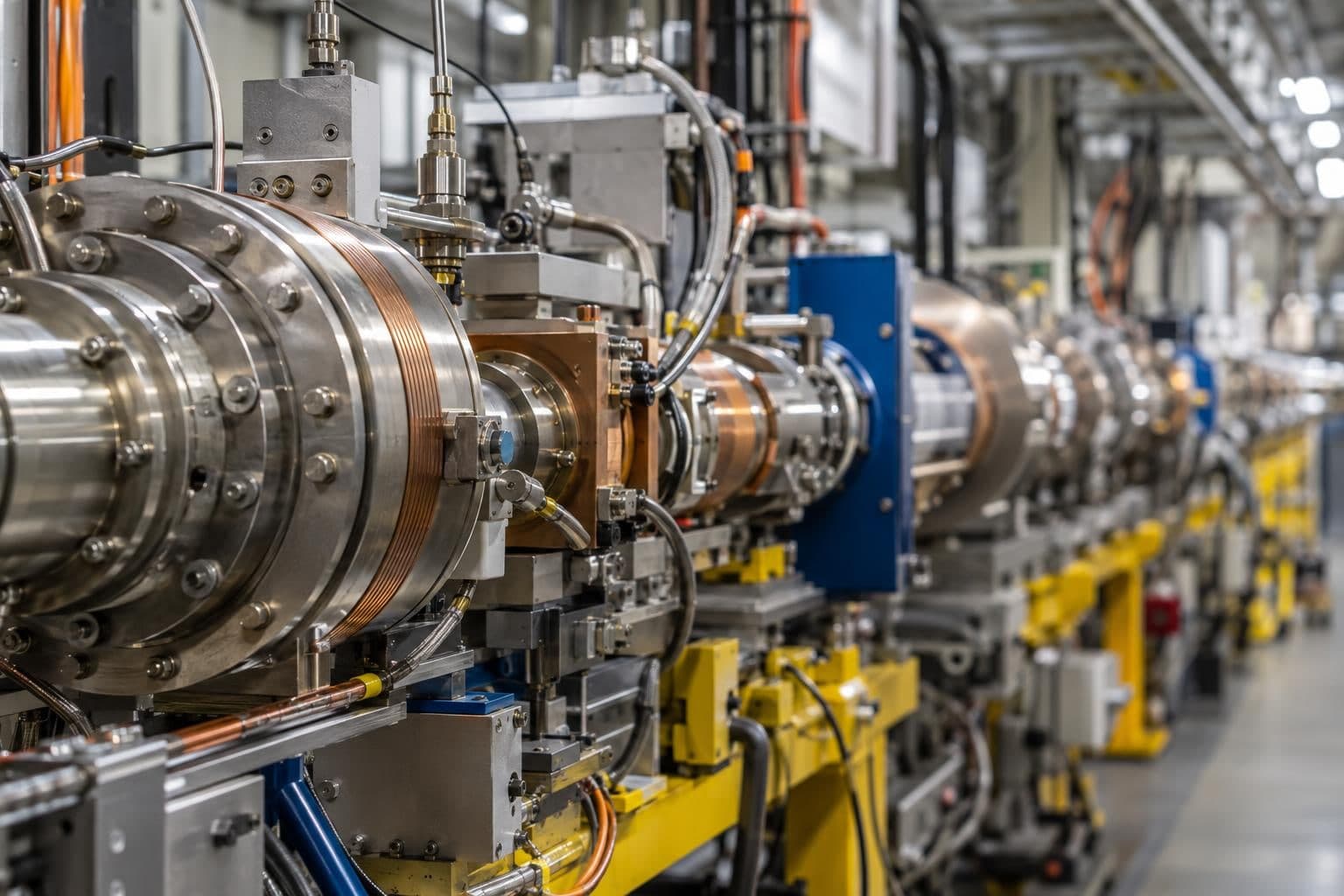 A close view of particle-accelerator apparatus inside its facility.