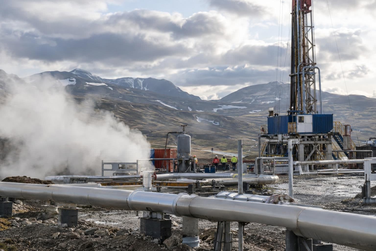 A geothermal team at work among field equipment at an open development site.