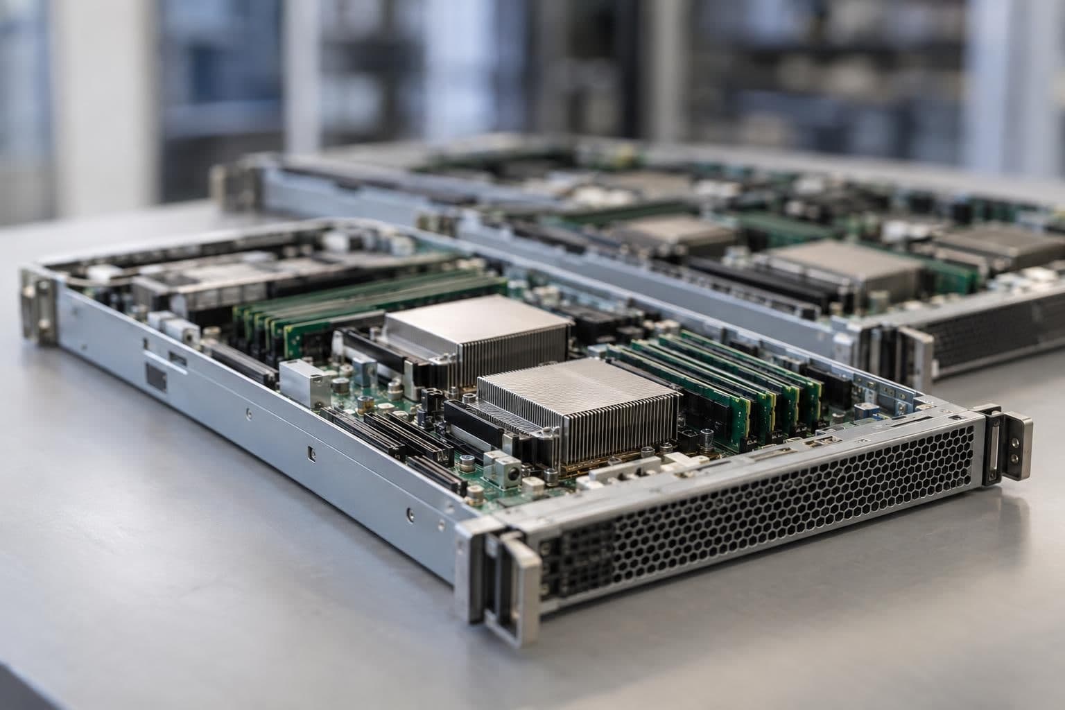 A low-profile compute tray shows CPU hardware, illustrating a CPU-only rack design.