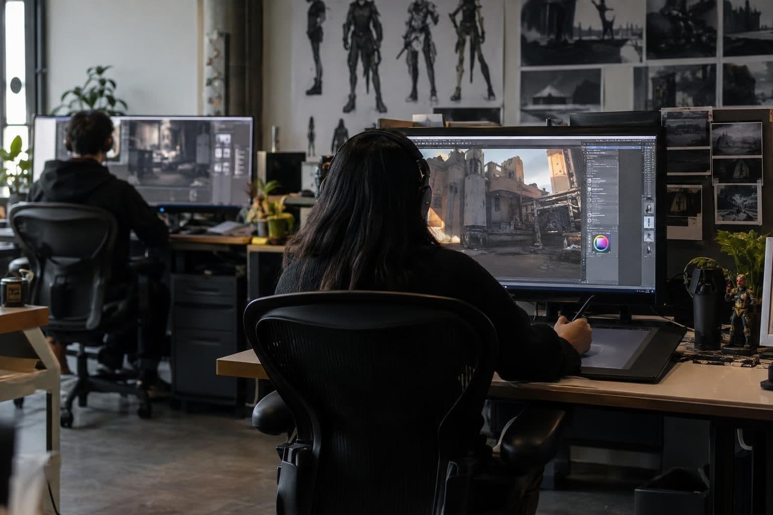 Game developers work on game art and code at separate stations in a studio.