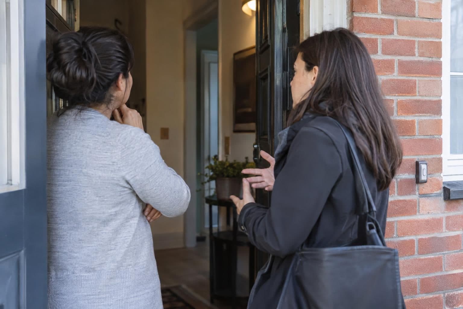 A renter speaks with a housing adviser in a doorway, illustrating the lease advice that benchmark scores don't validate.