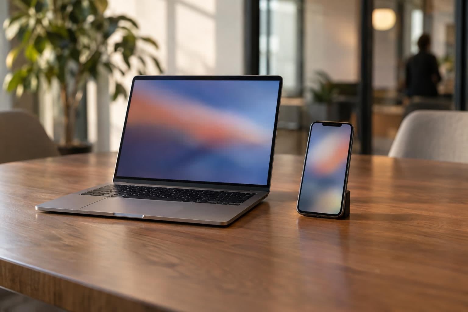 A Mac and an iOS-compatible device sit together on a meeting table, their displays out of focus.