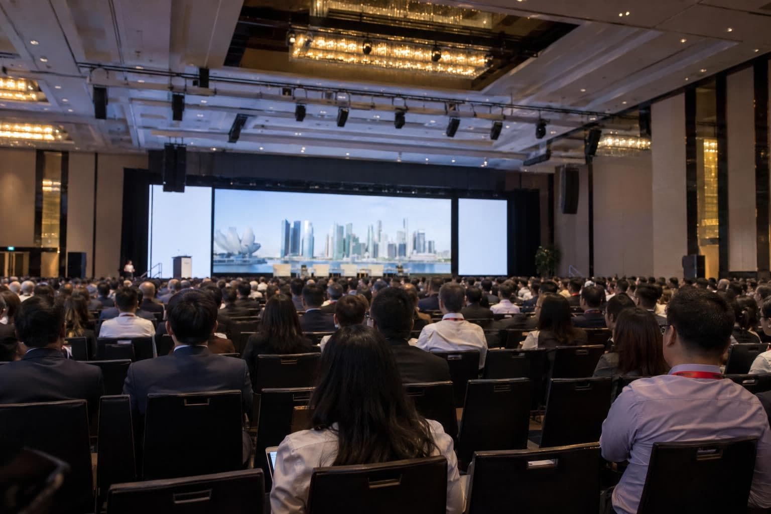 Attendees seen from behind sit in a conference room in Singapore.