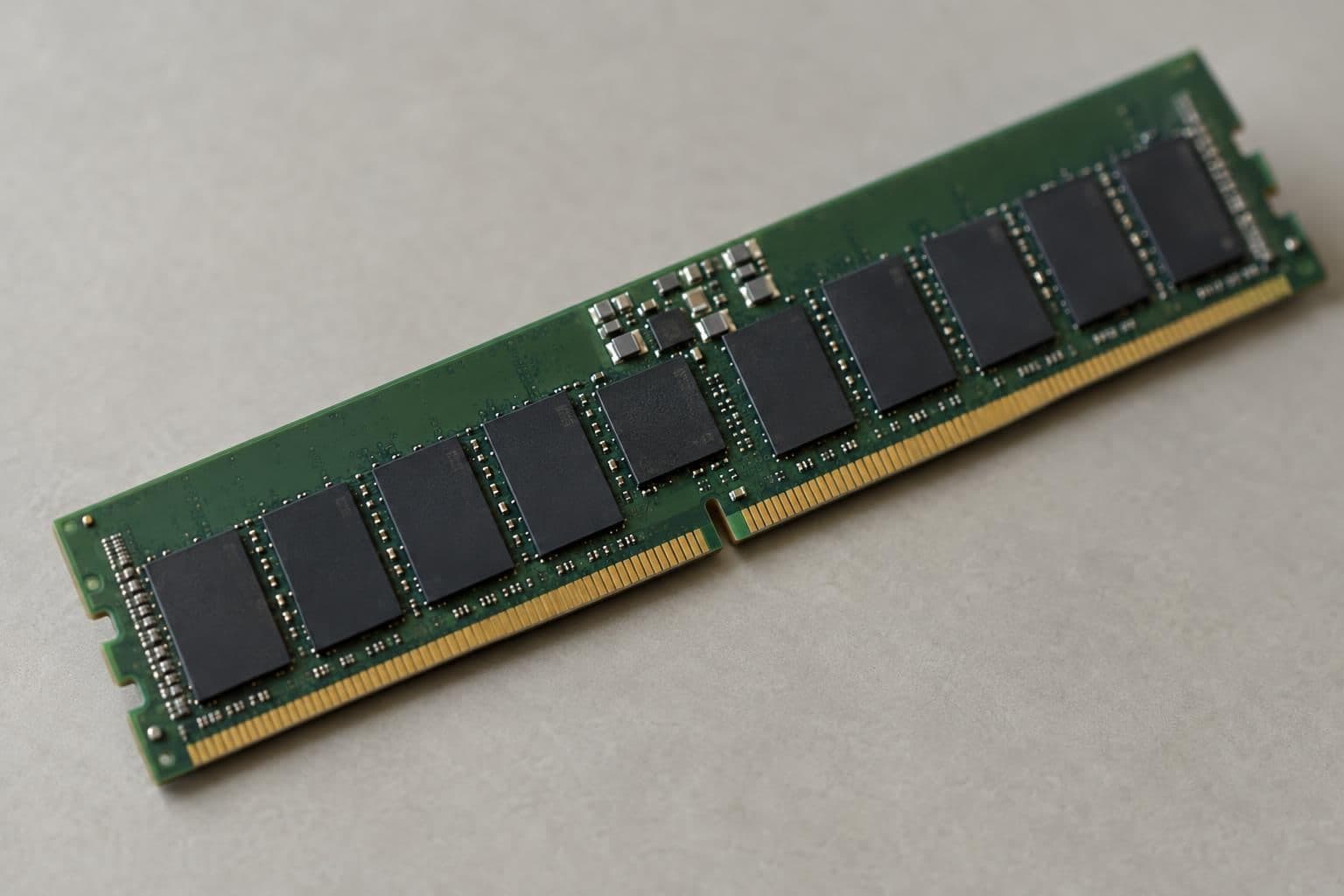 A close-up of a DDR5 registered DIMM illustrating CXMT’s planned server-memory target.