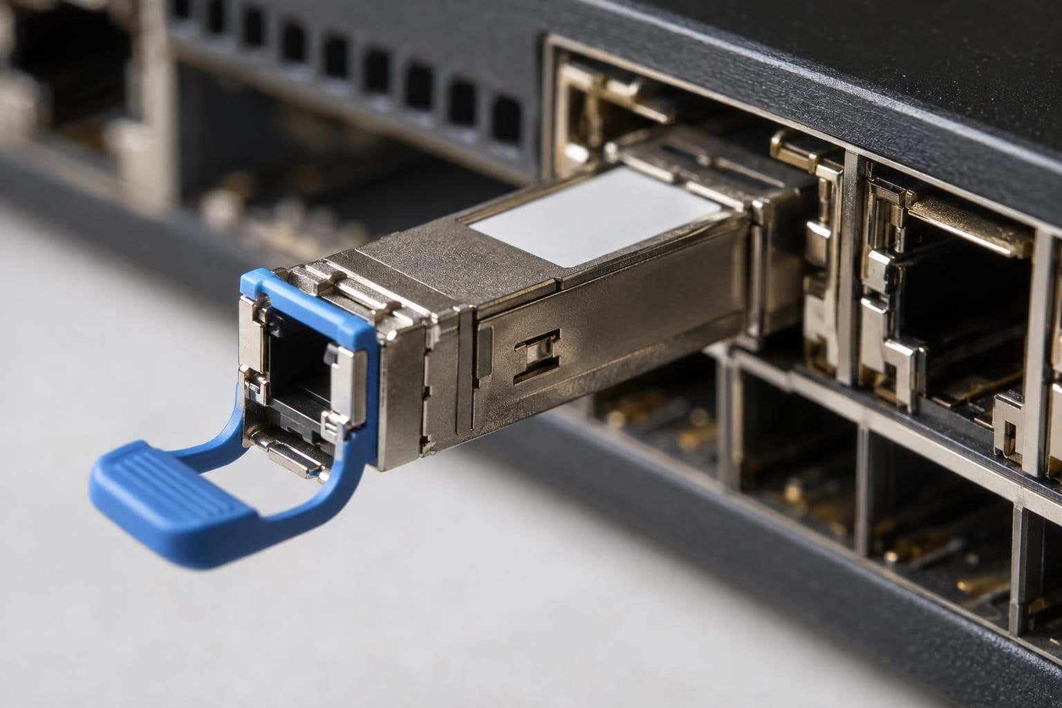 A pluggable optical transceiver sits partly withdrawn from a network switch port.