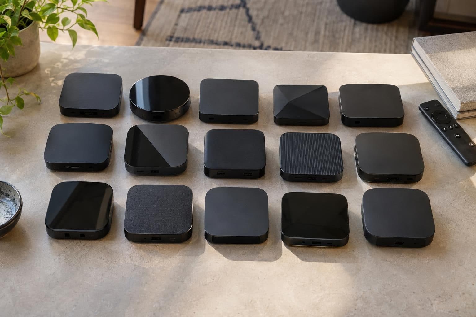 Fifteen compact Android TV boxes arranged together for a distributed-inference test.