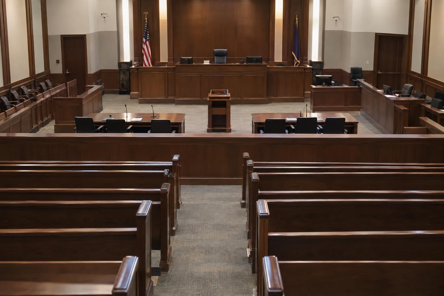 An empty bankruptcy courtroom seen from an elevated rear gallery.