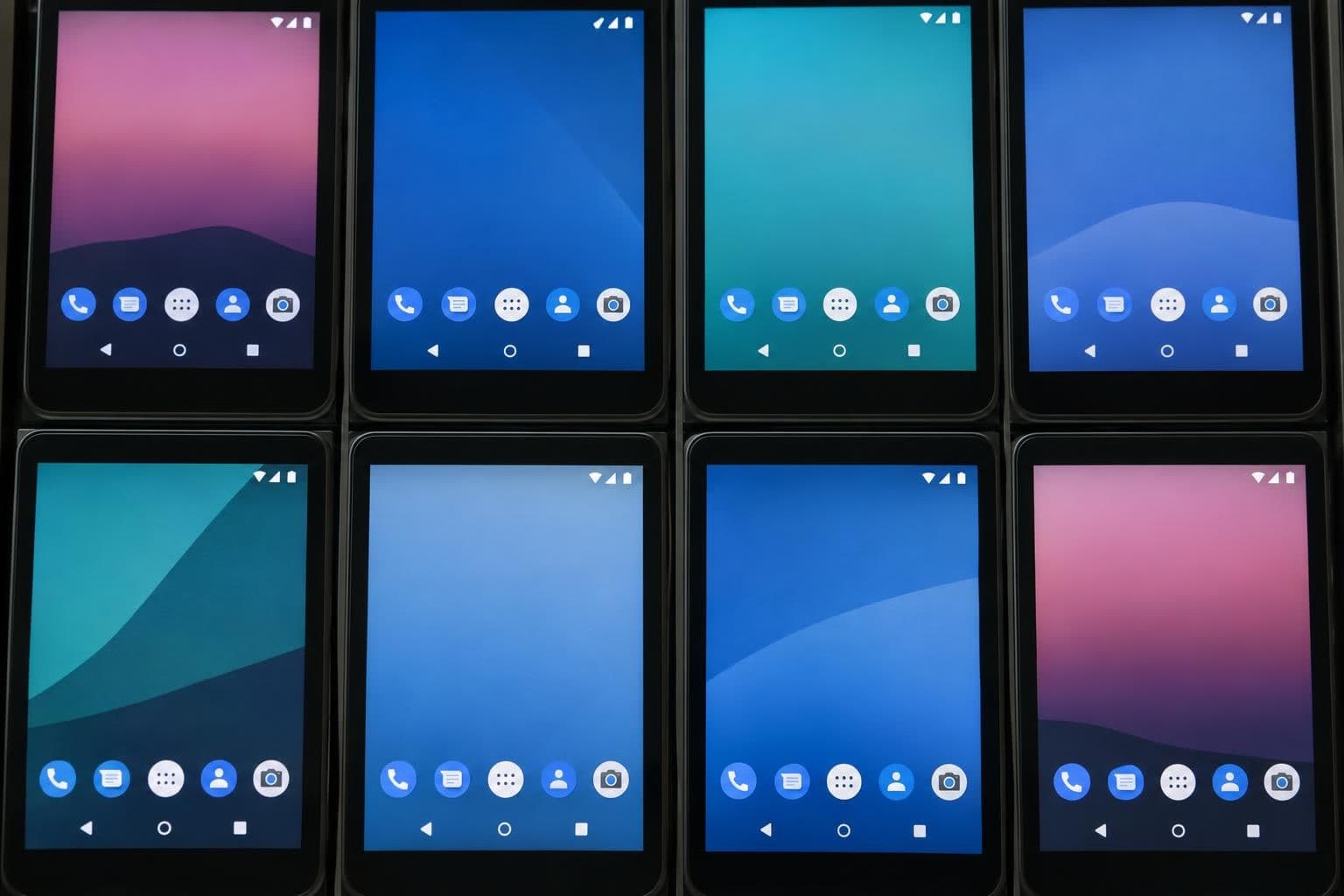 A cropped display shows several virtual Android devices in an emulation test.