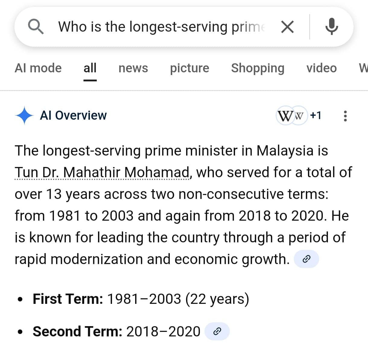 AI Overviews result for "Who is the longest-serving prime minister in Malaysia?", November 14, 2025