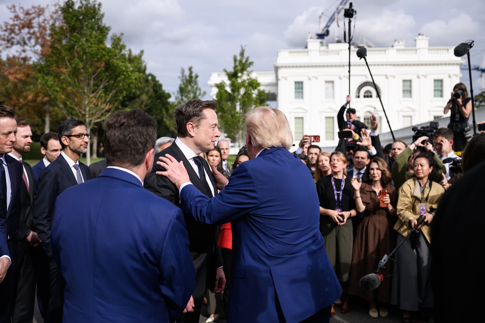 President Donald J. Trump speaks to the press with tech CEO’s outside of the West Wing Lobby, Tuesday, September 29, 2026, following a luncheon on Super Intelligence (AI).